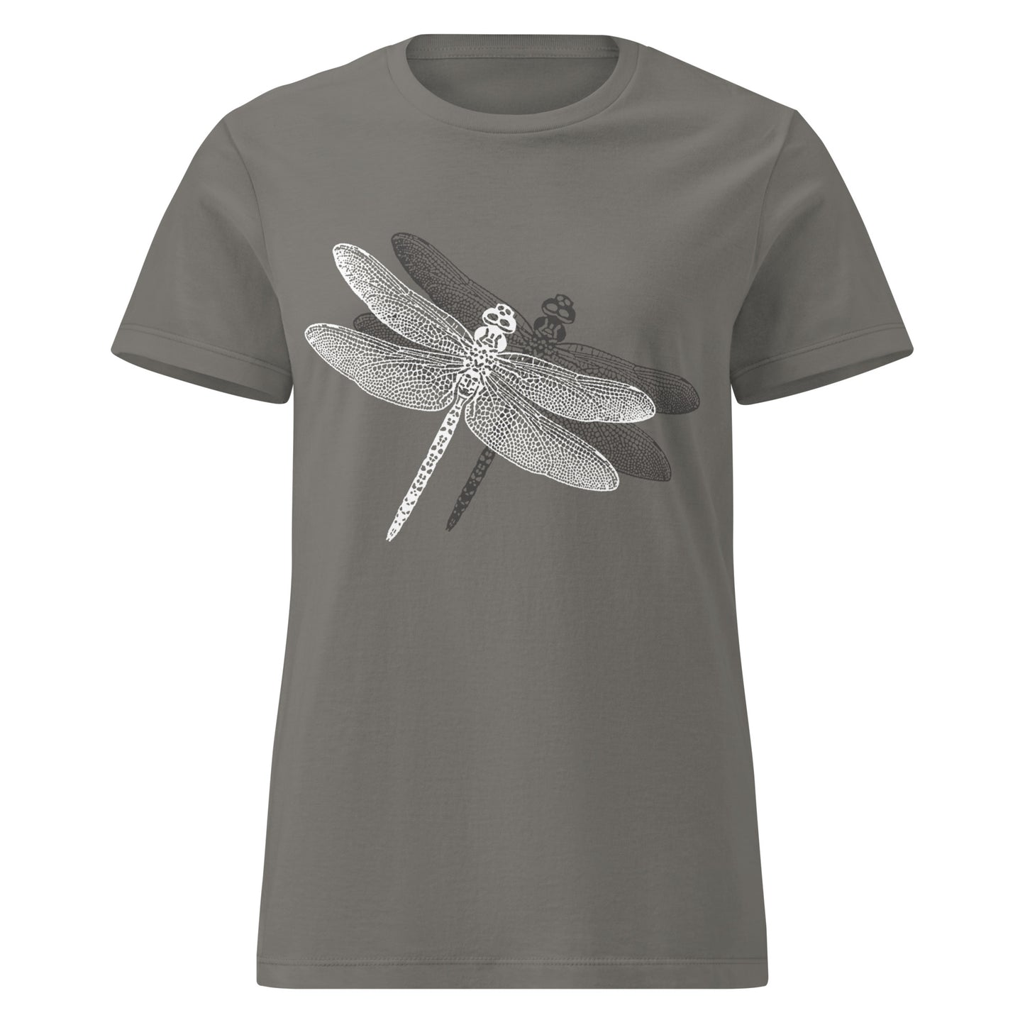 military green t-shirt with a delicate dragonfly design