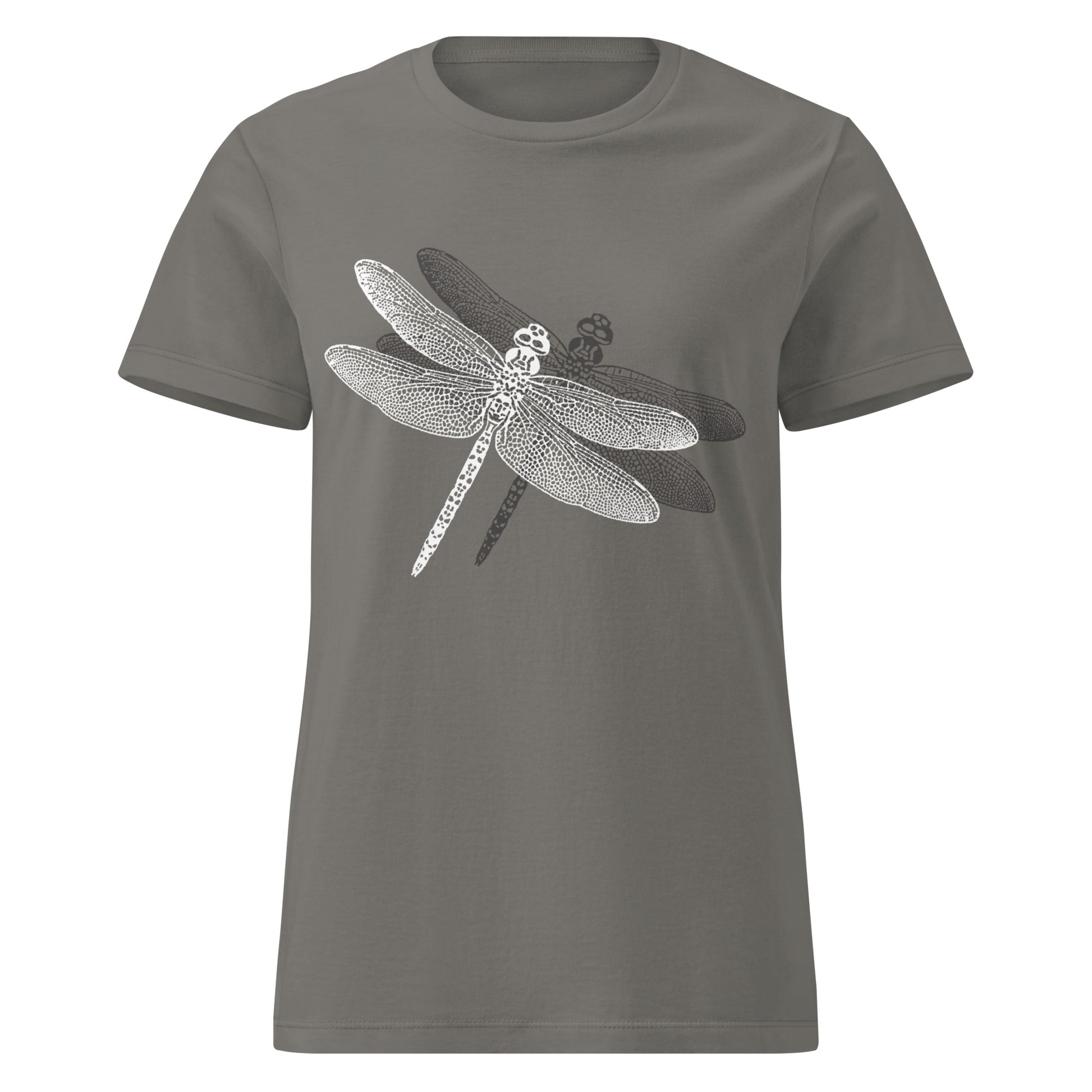 military green t-shirt with a delicate dragonfly design