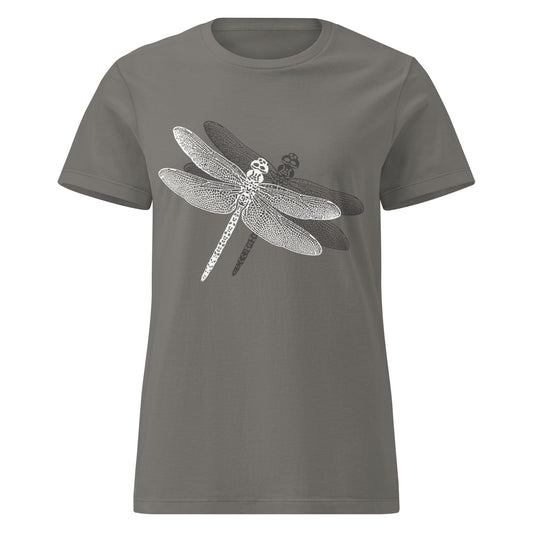 military green t-shirt with a delicate dragonfly design