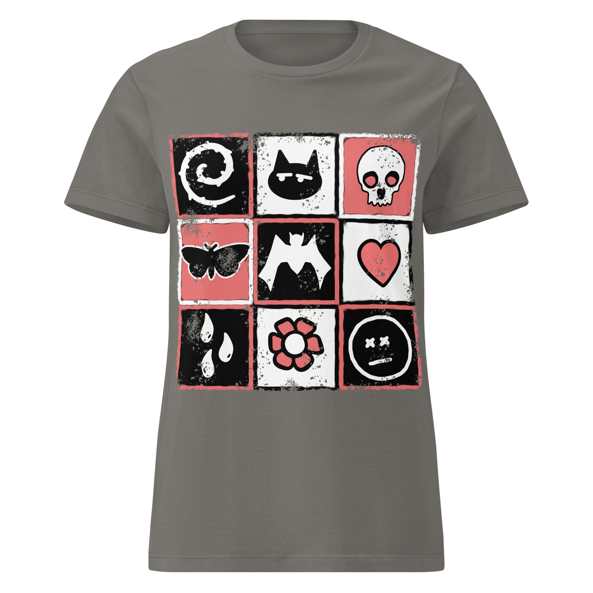 grey t-shirt with graphic design, a distressed grid of emo symbols, spelling emo diagonally