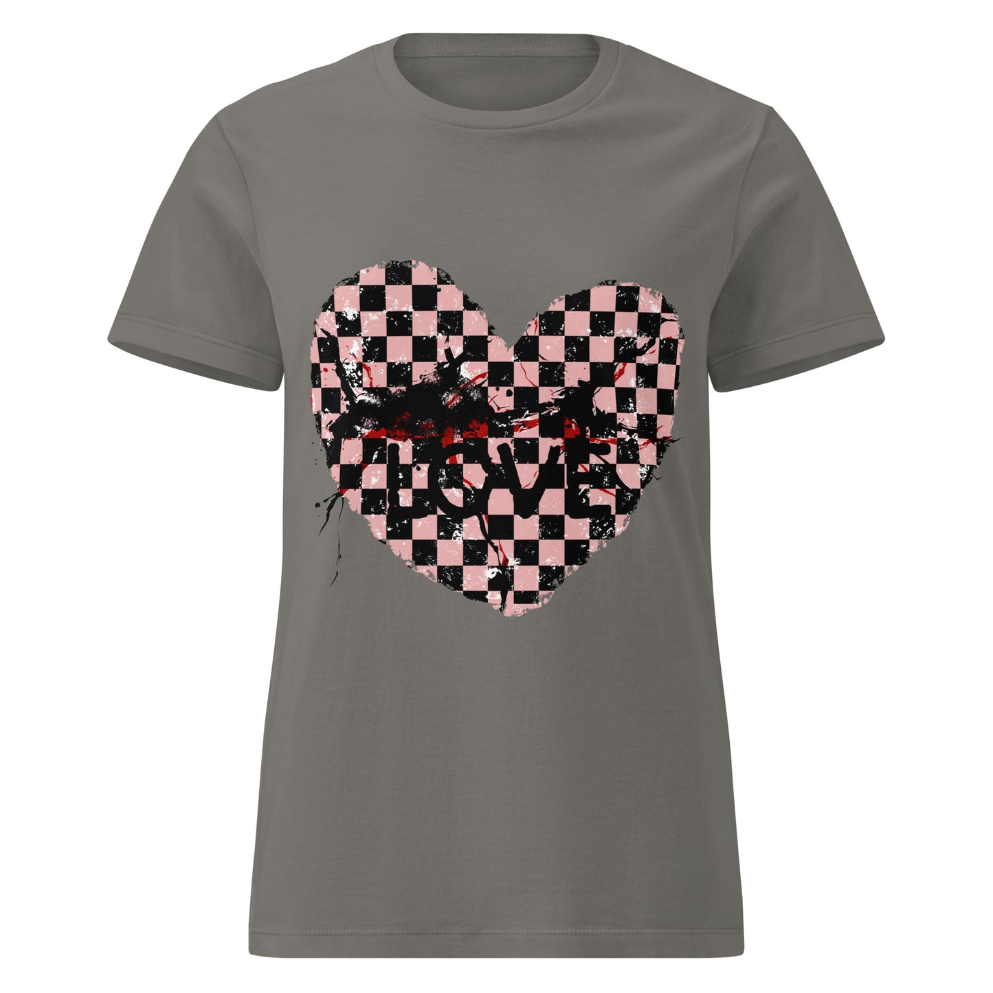 charcoal grey graphic alt t-shirts, one with an emo style cracked checkered heart