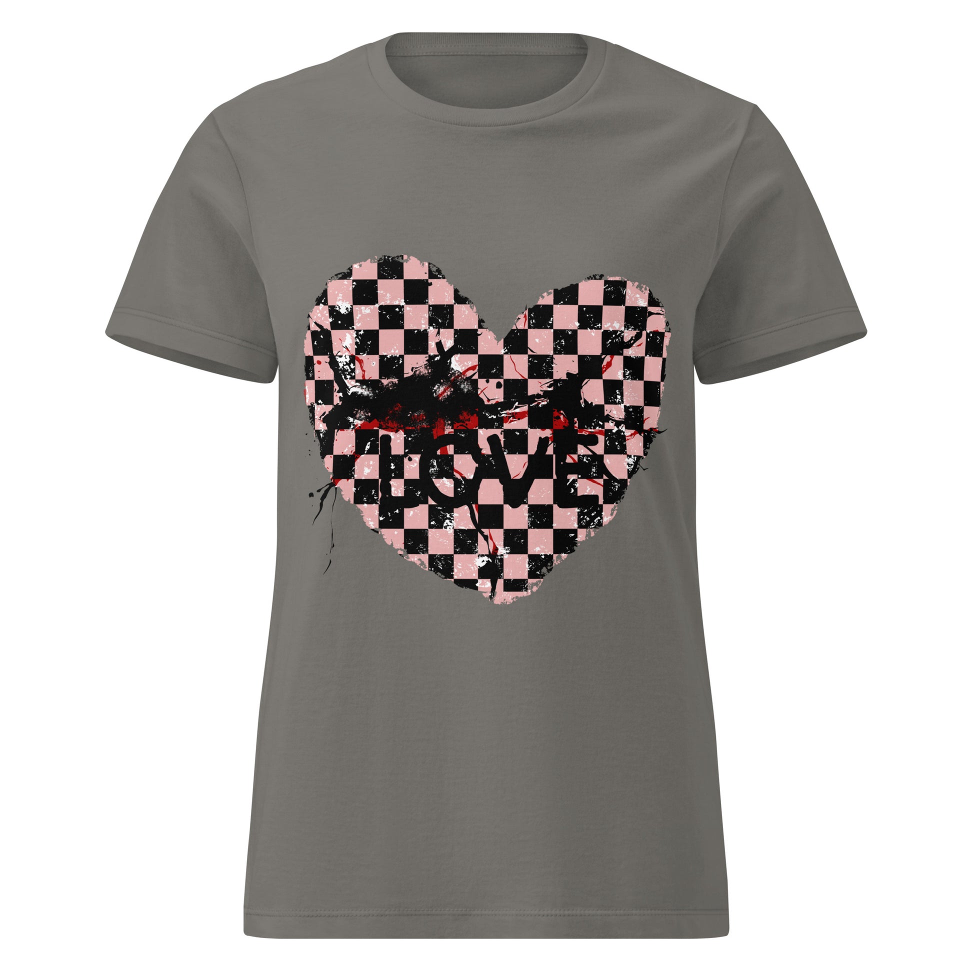 charcoal grey graphic alt t-shirts, one with an emo style cracked checkered heart