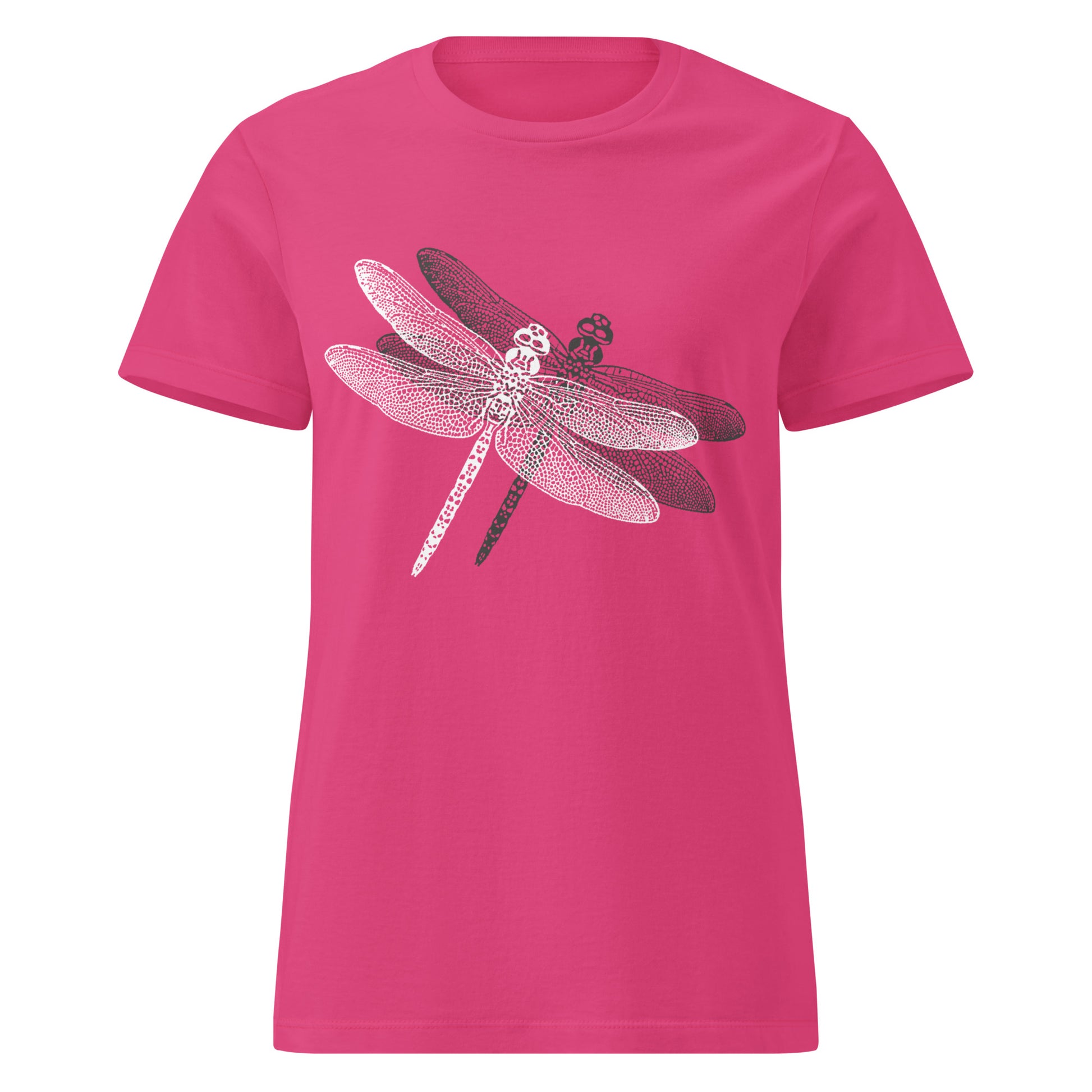 bright pink t-shirt with a delicate dragonfly design