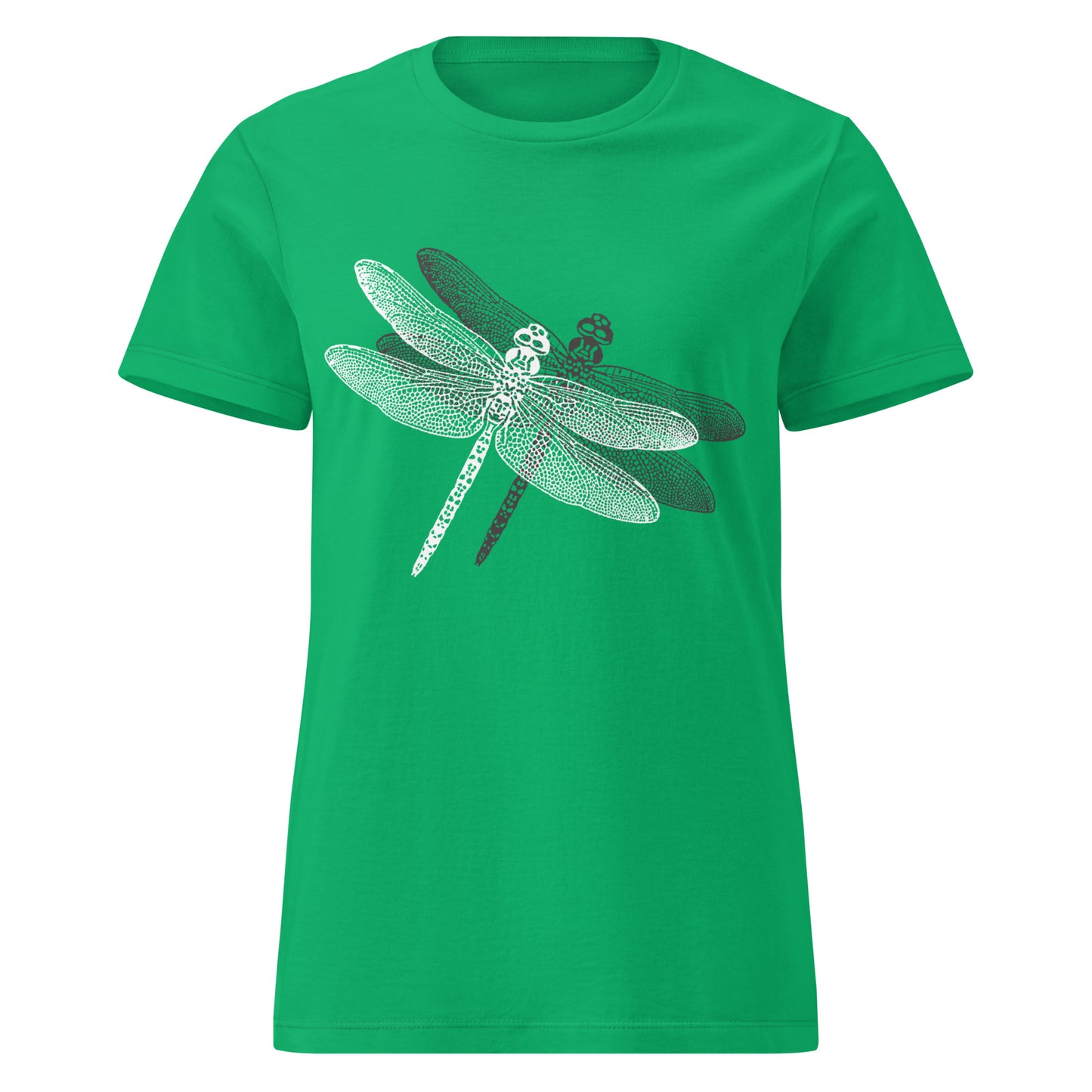 green t-shirt with a delicate dragonfly design