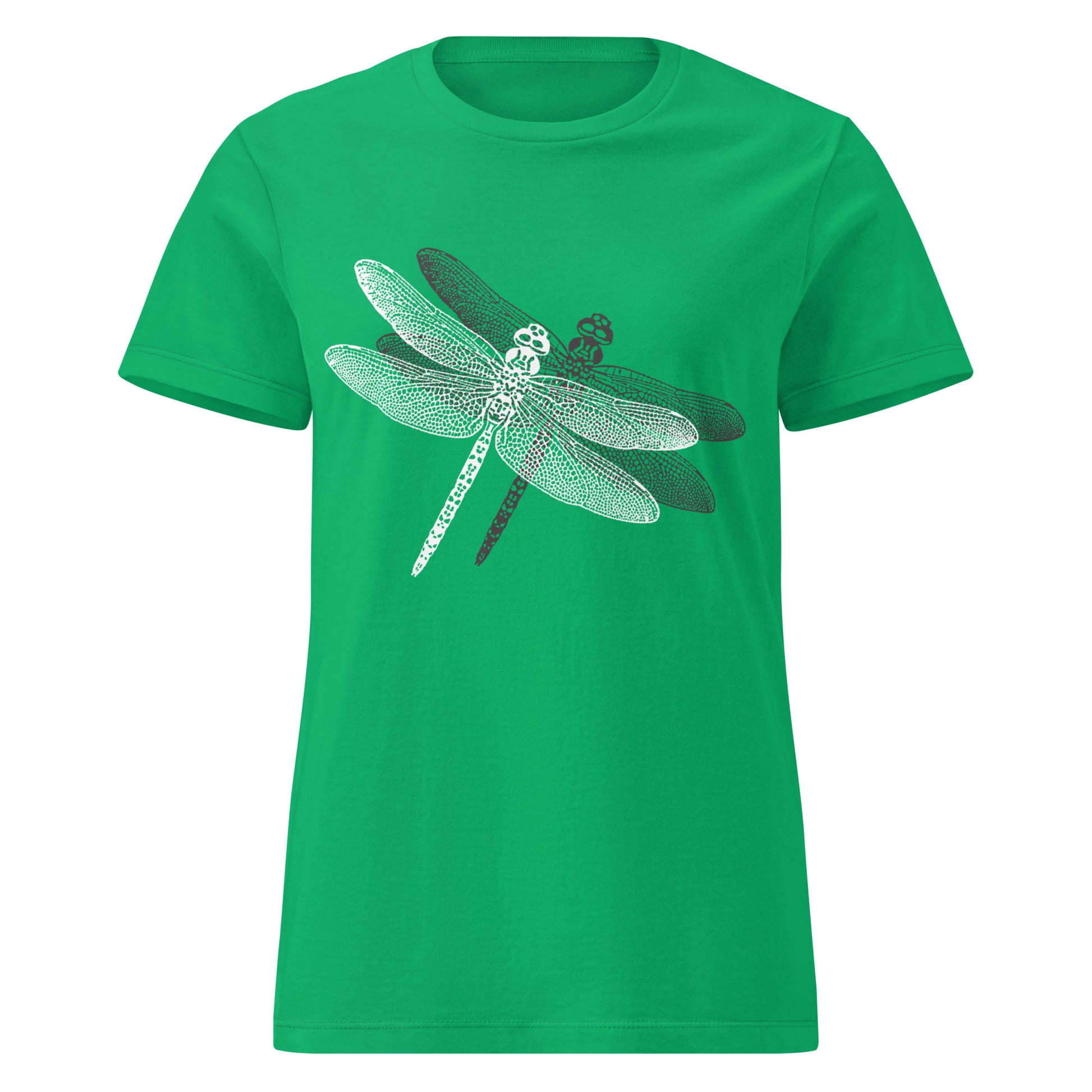 green t-shirt with a delicate dragonfly design