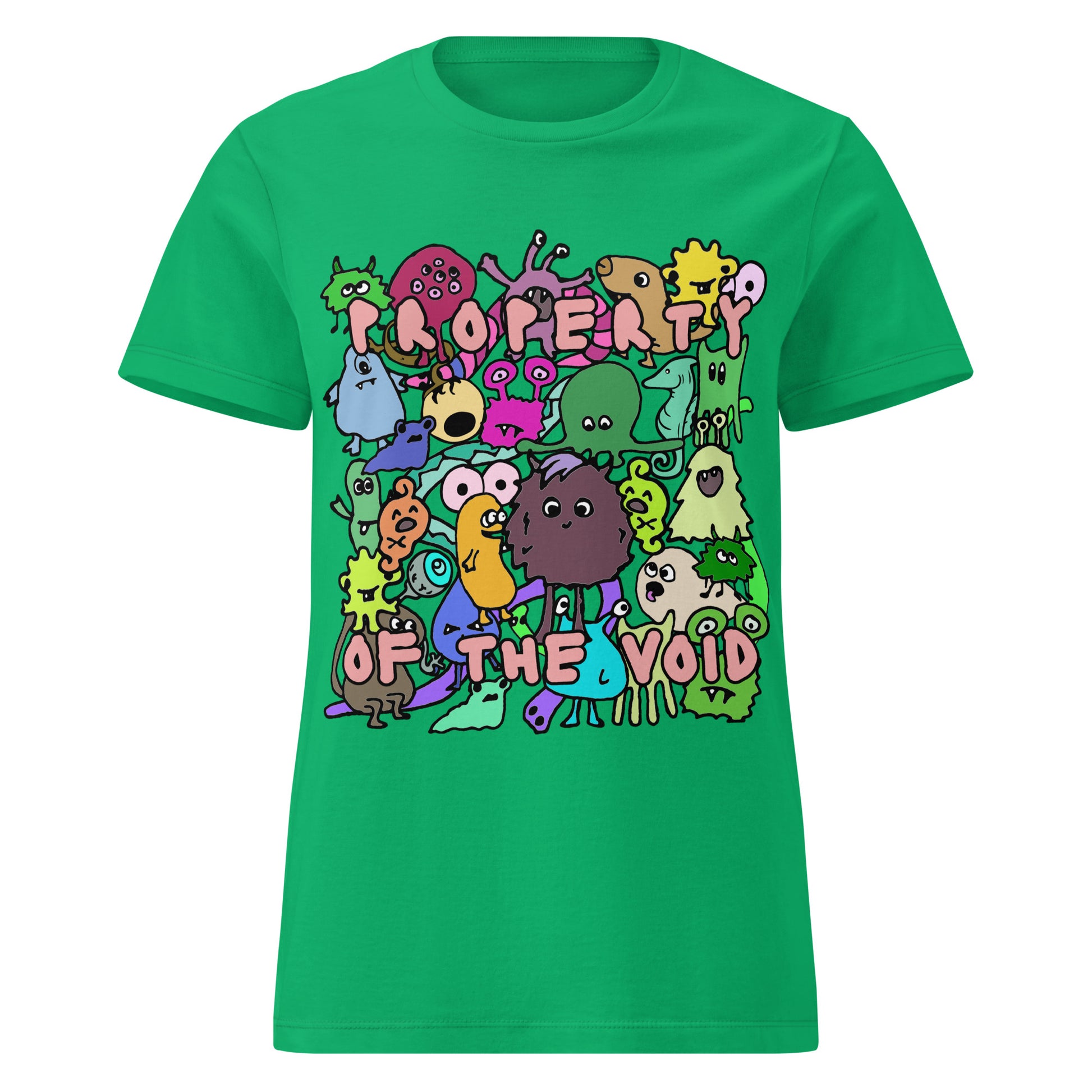 green t-shirt with colorful graphic design, with emo and scene kid monsters and text "property of the void"