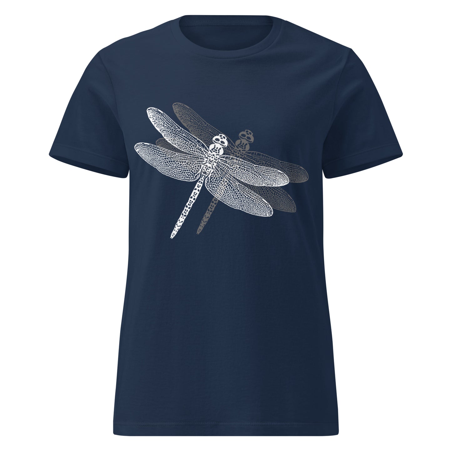 blue t-shirt with a delicate dragonfly design