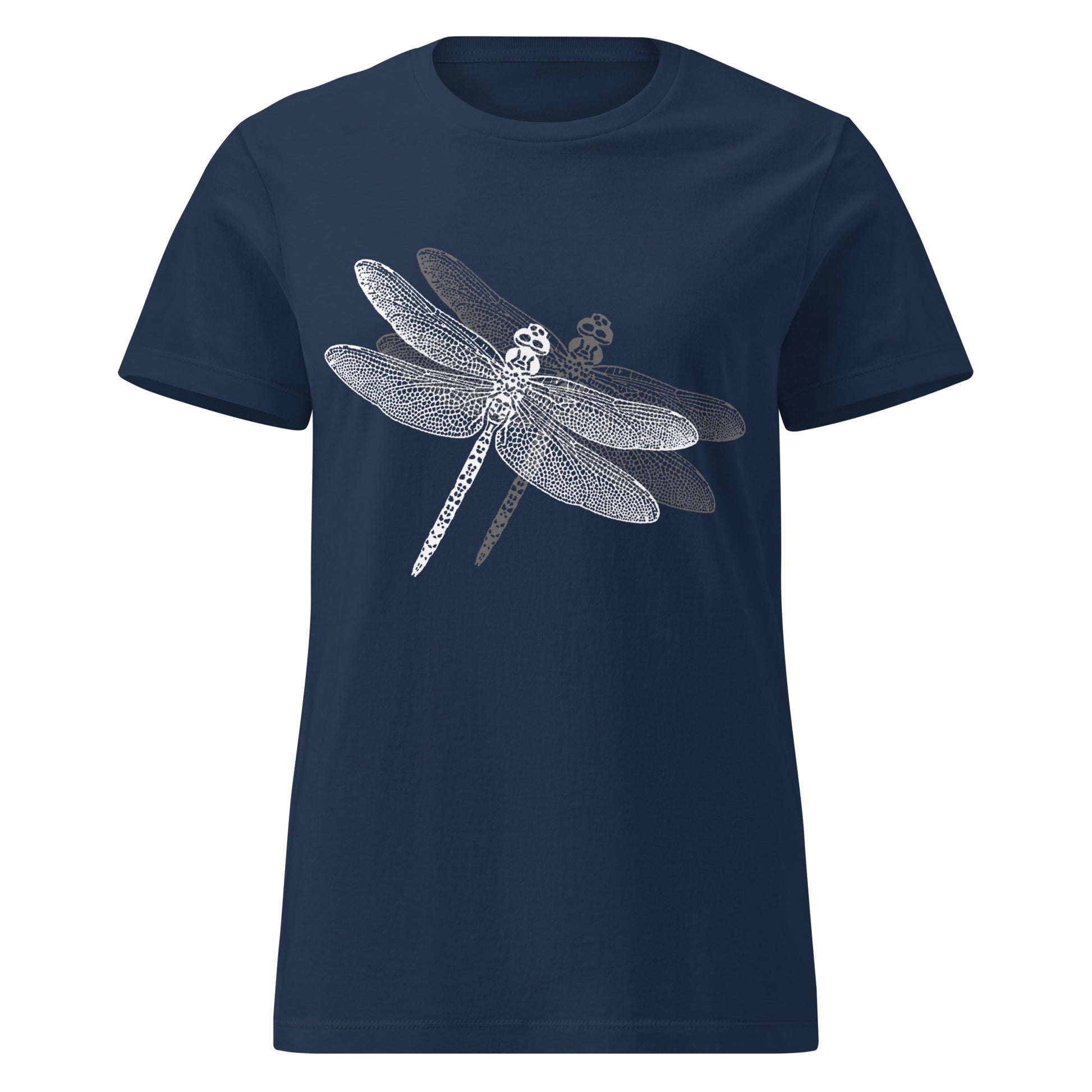 blue t-shirt with a delicate dragonfly design