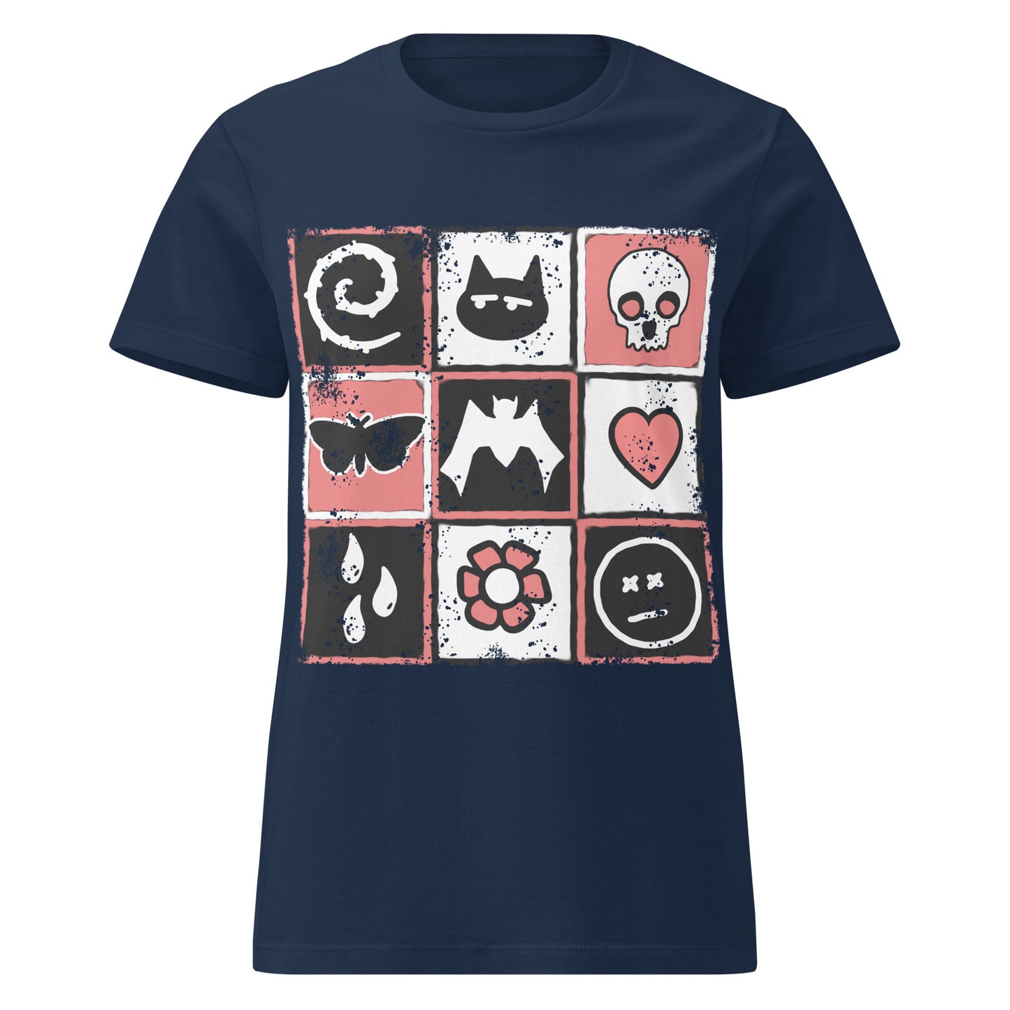 blue t-shirt with graphic design, a distressed grid of emo symbols, spelling emo diagonally