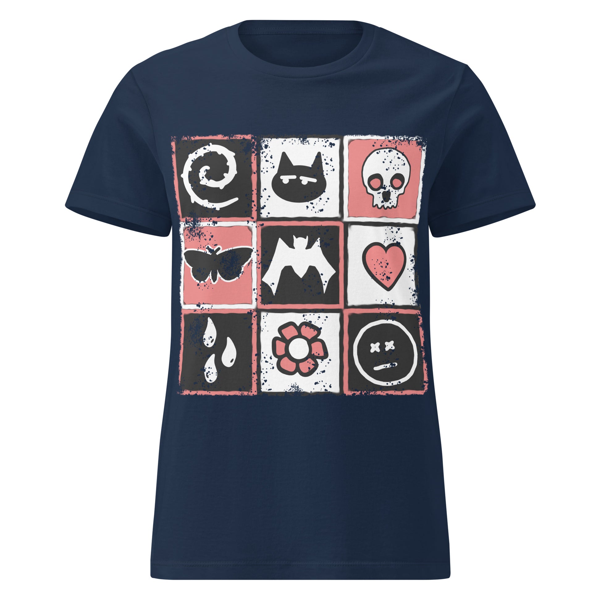 blue t-shirt with graphic design, a distressed grid of emo symbols, spelling emo diagonally
