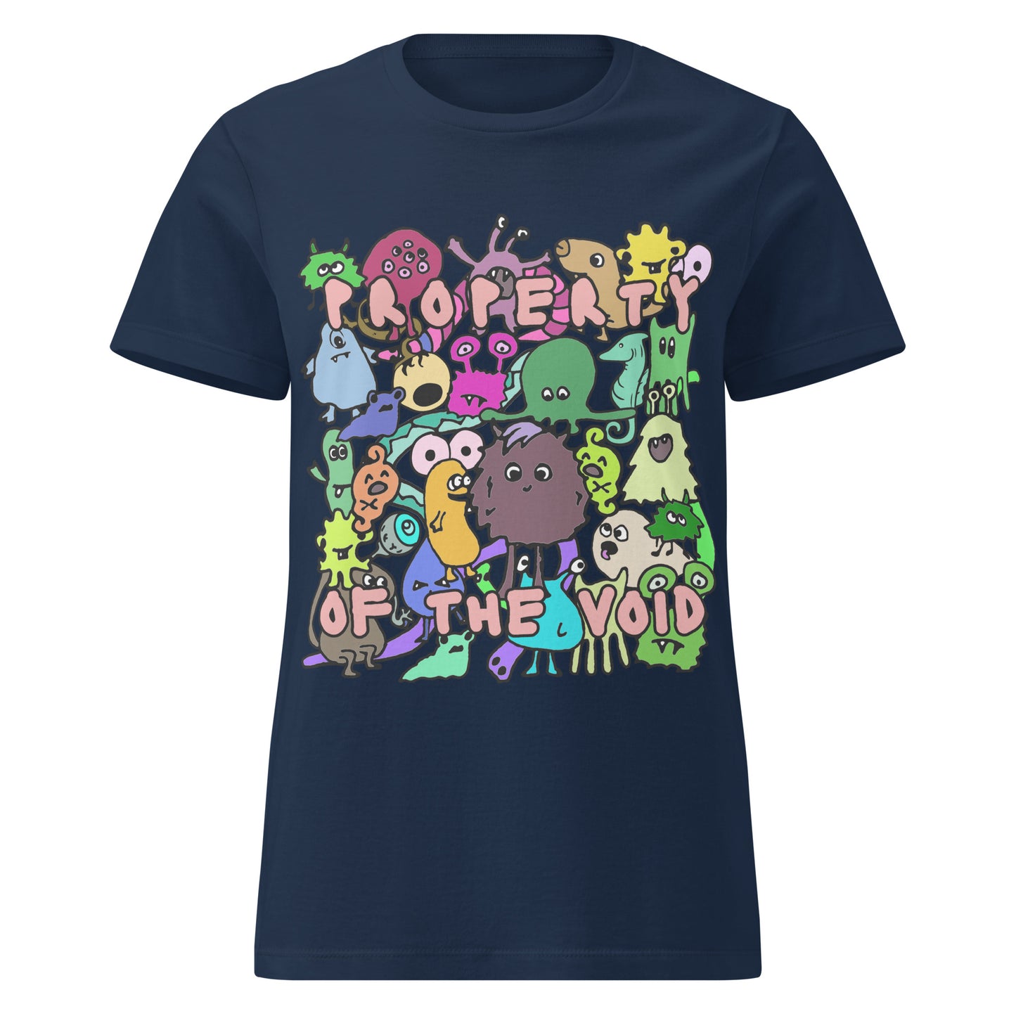 blue t-shirt with colorful graphic design, with emo and scene kid monsters and text "property of the void"