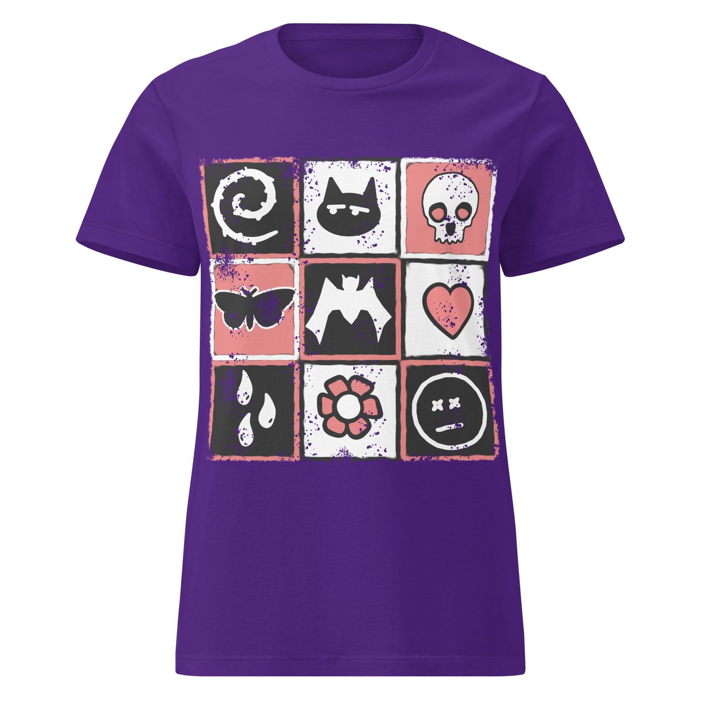 purple t-shirt with graphic design, a distressed grid of emo symbols, spelling emo diagonally