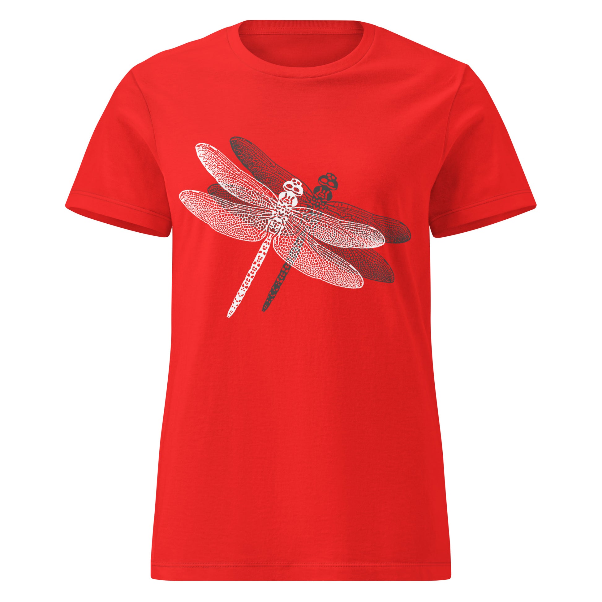 red t-shirt with a delicate dragonfly design