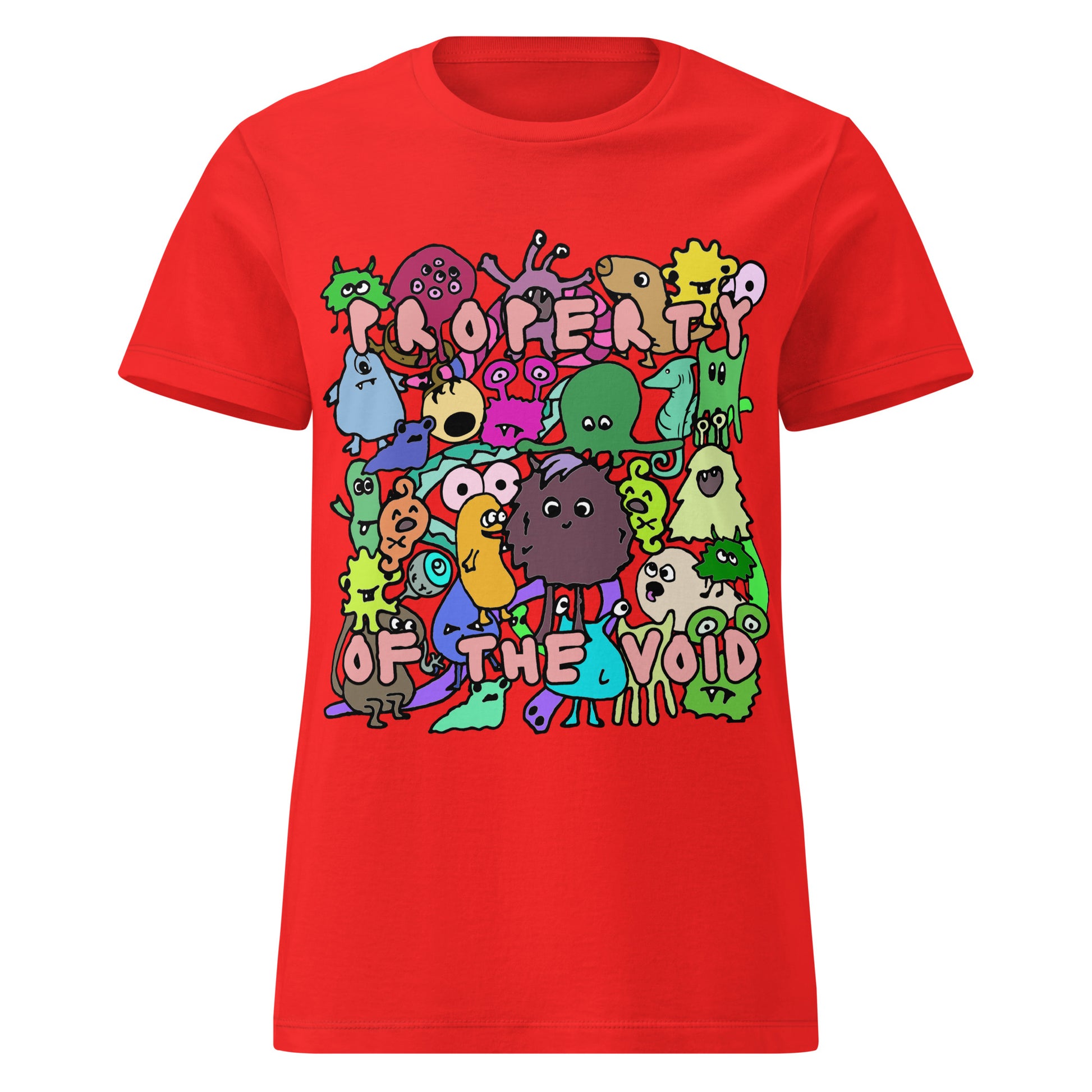 red t-shirt with colorful graphic design, with emo and scene kid monsters and text "property of the void"