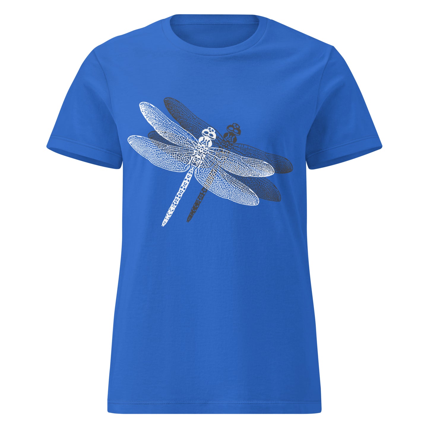 blue t-shirt with a delicate dragonfly design