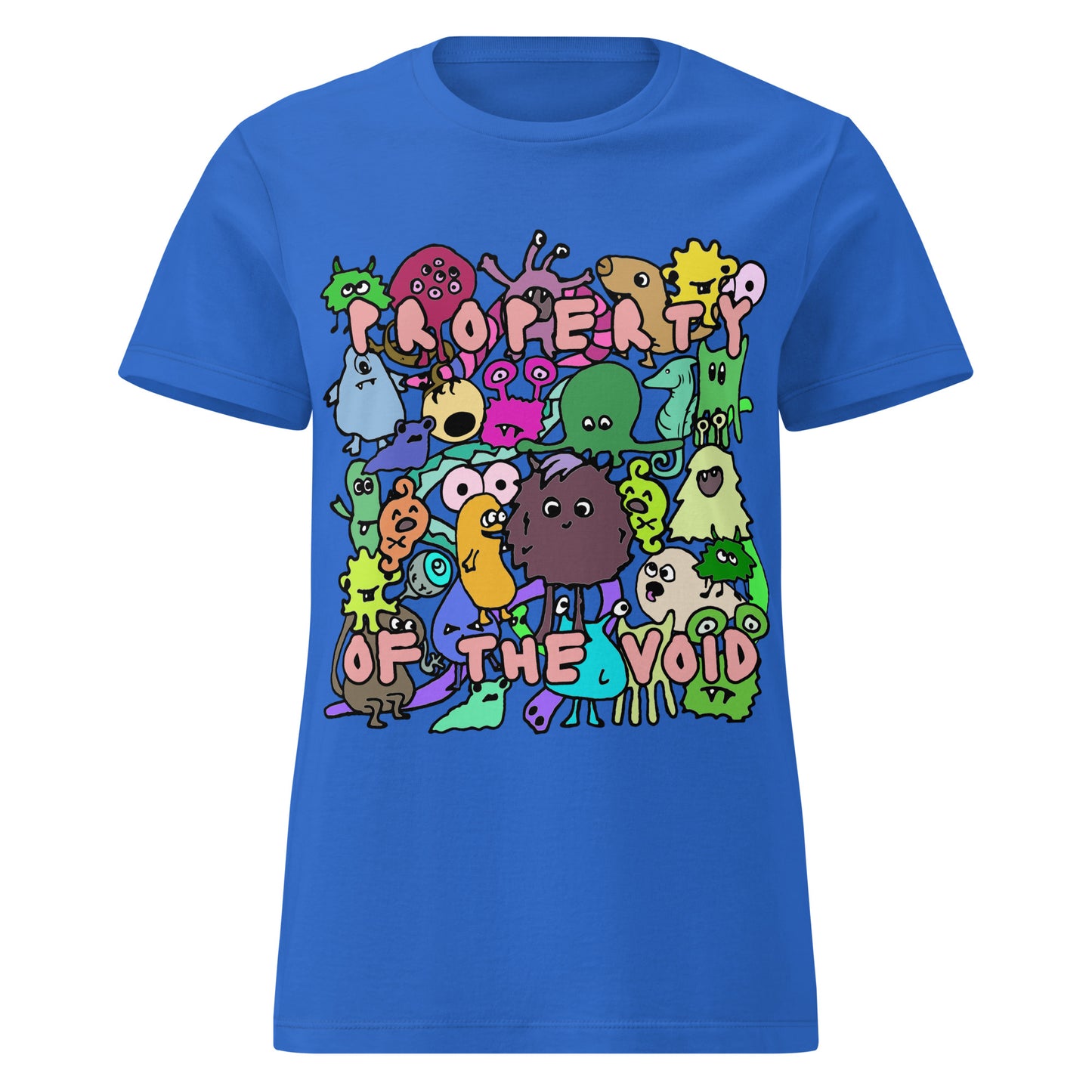 blue t-shirt with colorful graphic design, with emo and scene kid monsters and text "property of the void"