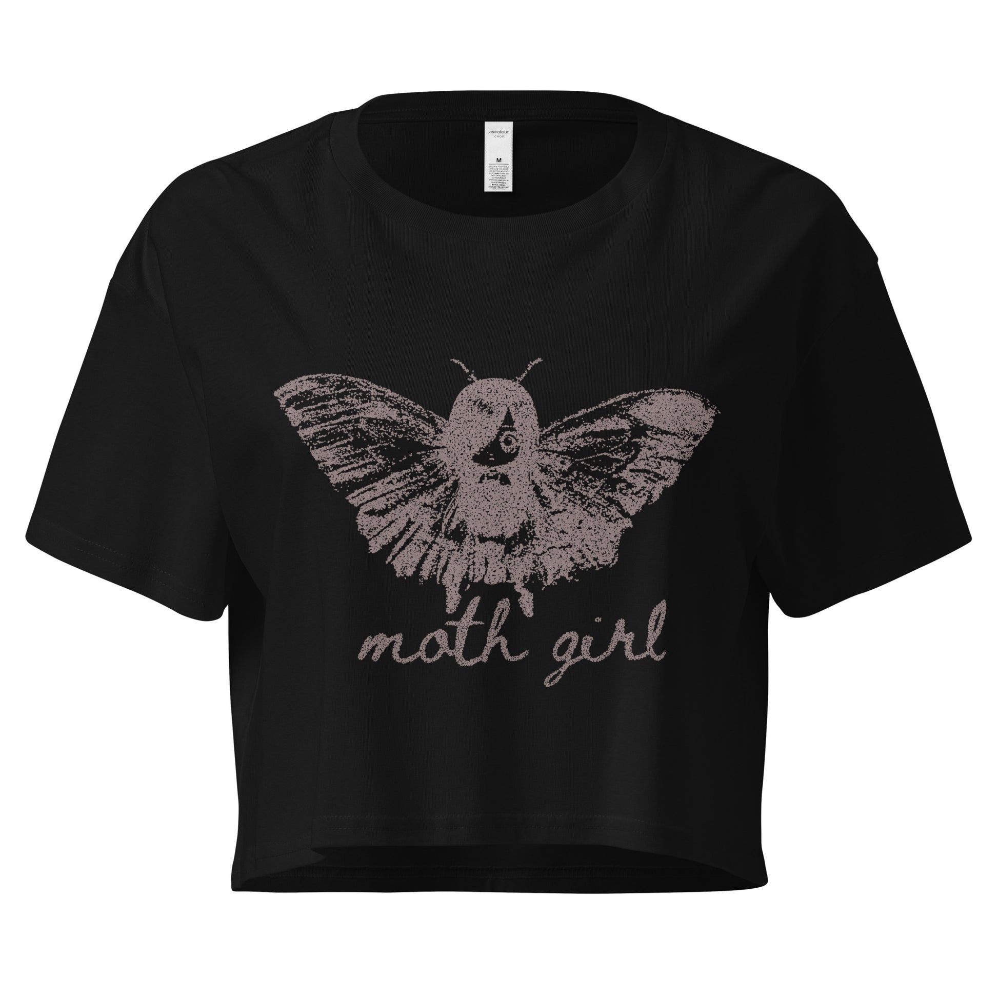 a black cropped t-shirt with a moth girl design and 'moth girl' text