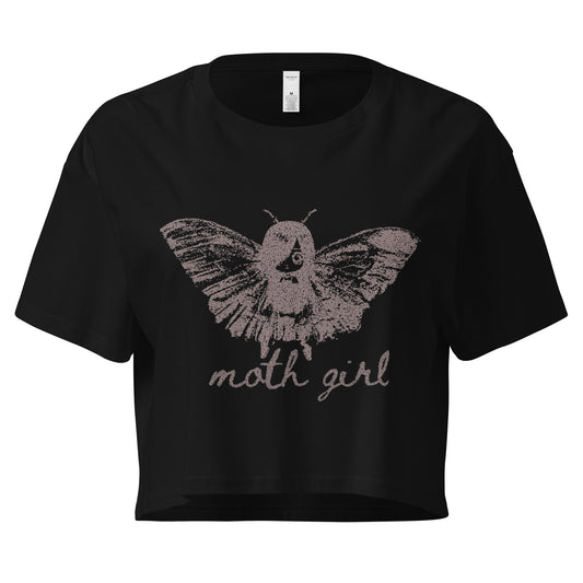 a black cropped t-shirt with a moth girl design and 'moth girl' text