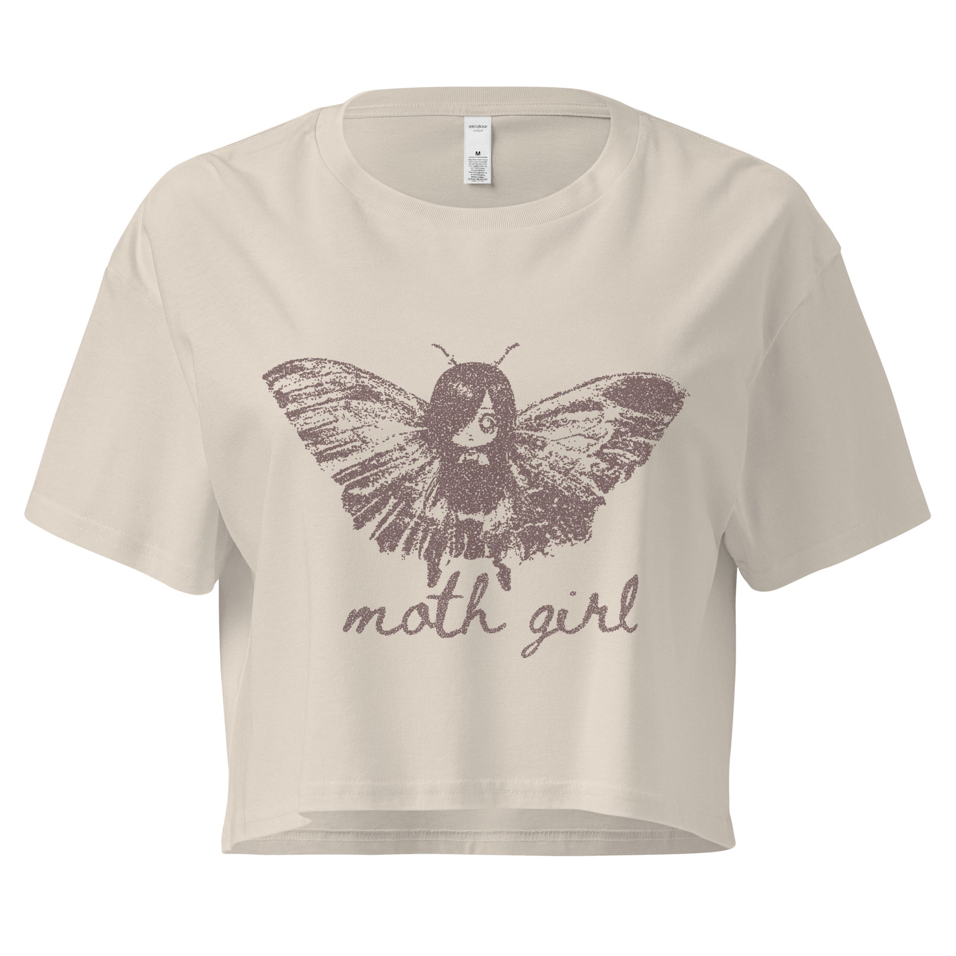 an off white/beige cropped t-shirt with a moth girl design and 'moth girl' text