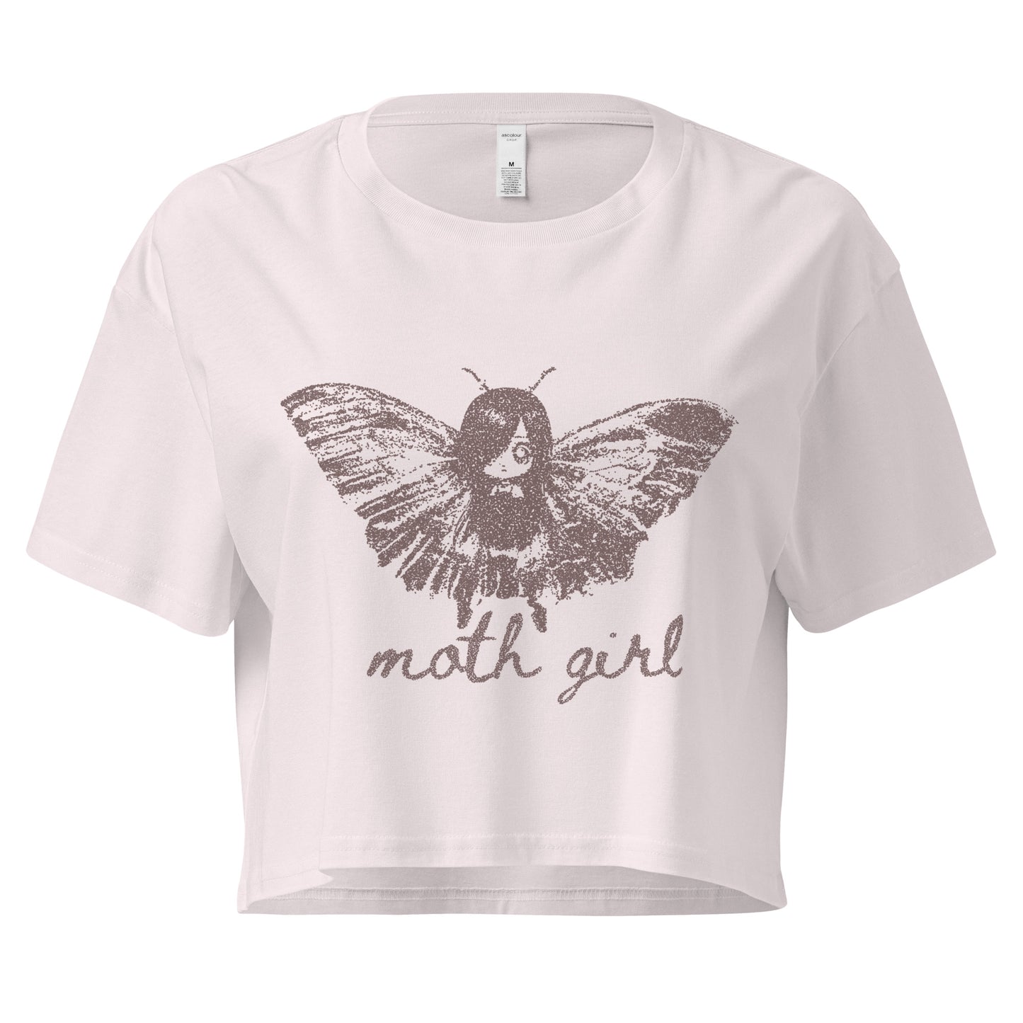 an off white cropped t-shirt with a moth girl design and 'moth girl' text