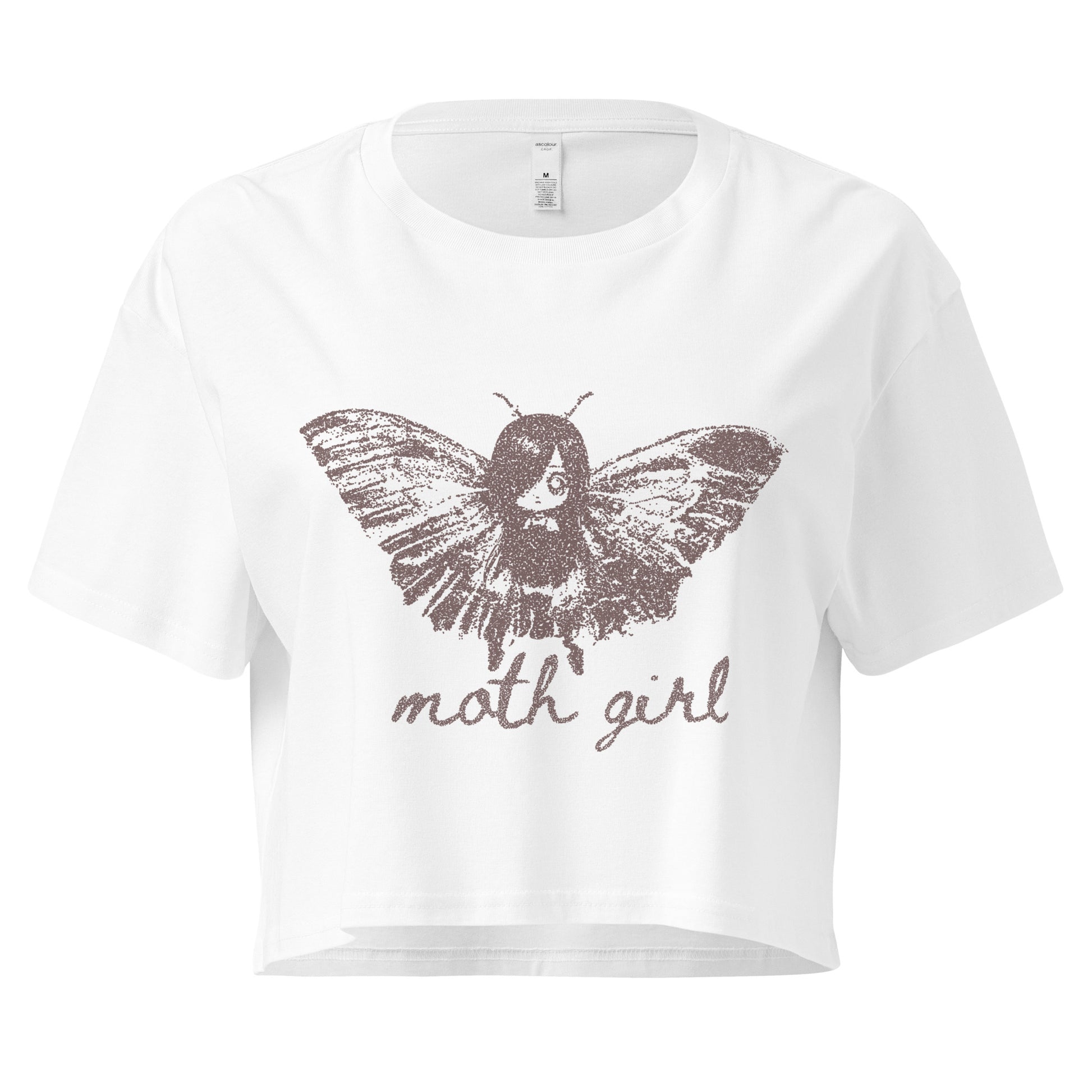 a white cropped t-shirt with a moth girl design and 'moth girl' text
