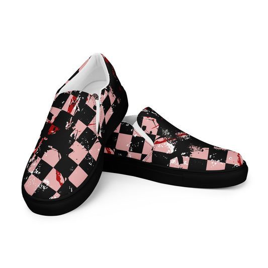 slip on shoes with a pink and black distressed checker emo pattern