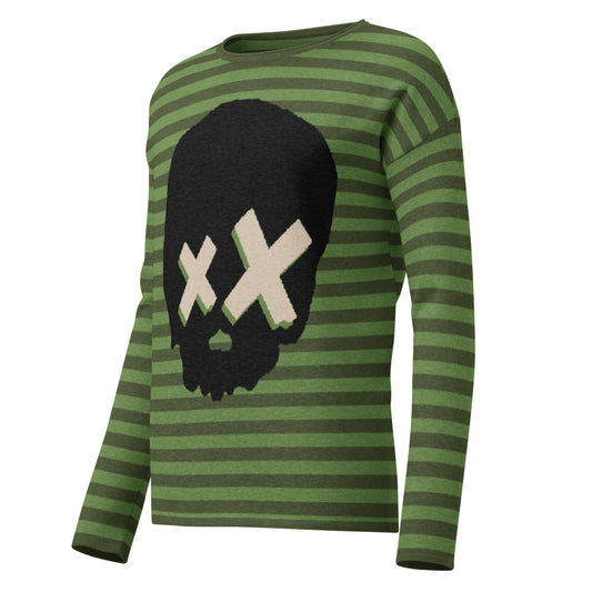 Green striped sweater with a large x-eyed skull design