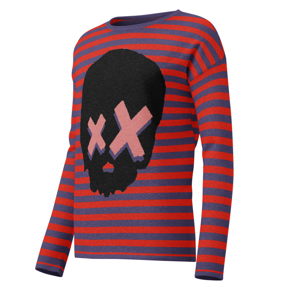 knitted sweater with a black grunge skull with x-eyes on a striped blue and red background