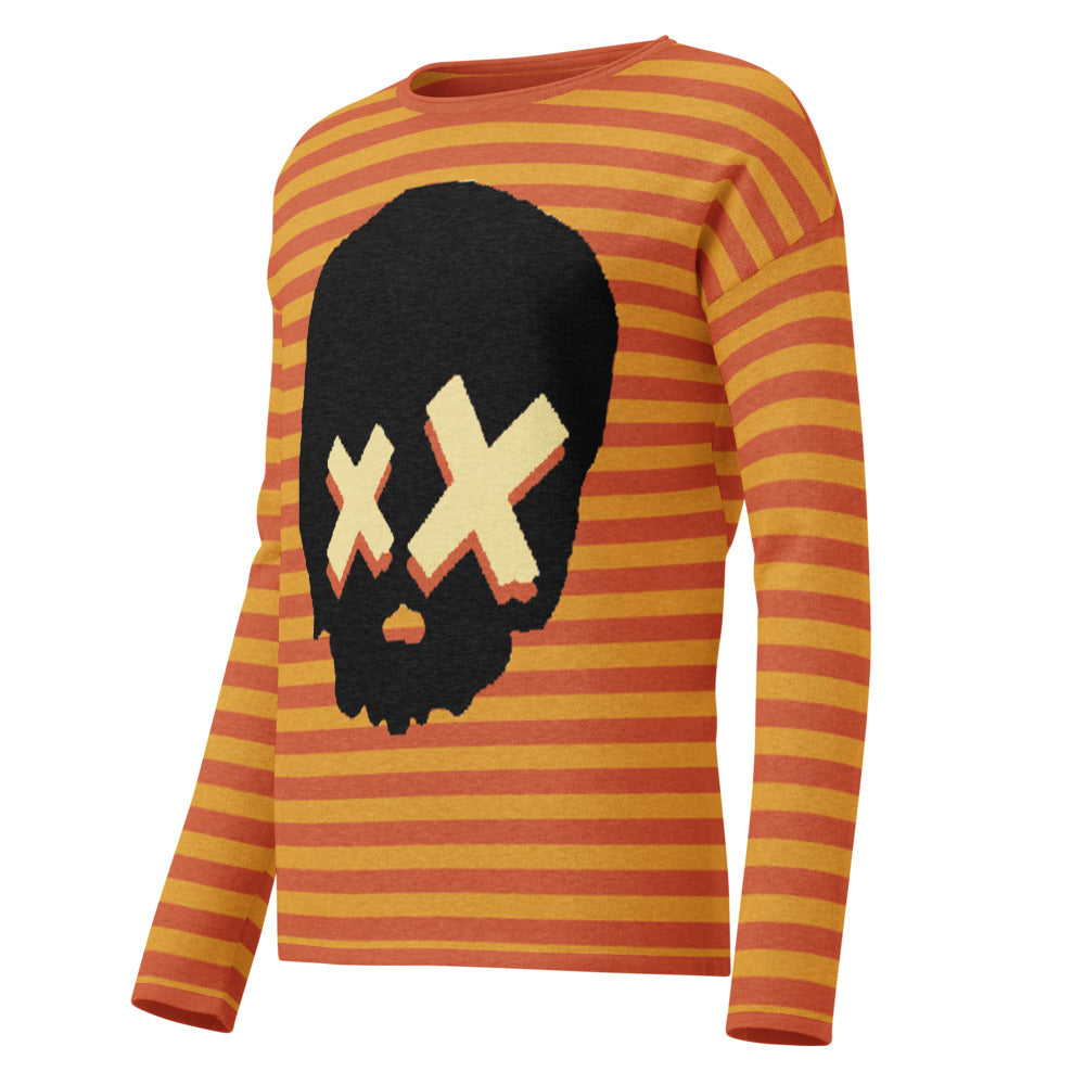 knitted sweater with a black grunge skull with x-eyes on a striped orange background