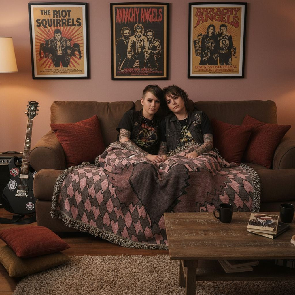 Two alt style people sitting on a couch, cuddled under a woven blanket with a dark distorted heart with wings. 